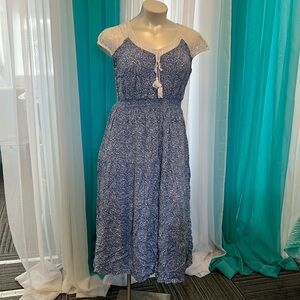 Blue and White Cap Sleeve Dress with Lace